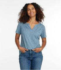 L.L.BeanWomen's Organic Cotton Tee, Smocked Notch-Neck Short-Sleeve Print