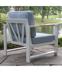 L.L.BeanWhite Aluminum Deep Seating Armchair with Blue Cushions, Set of Two