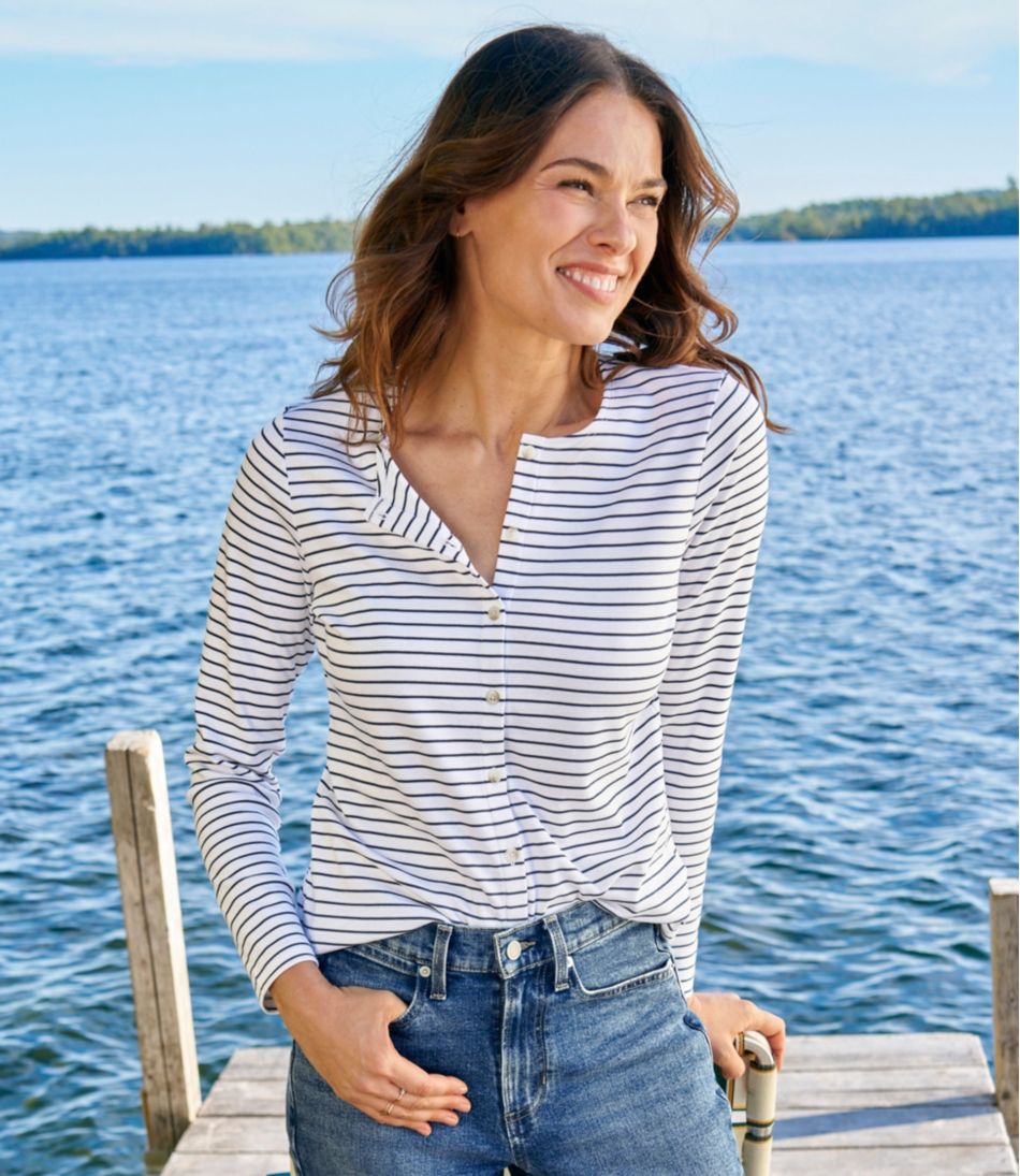 L.L.BeanWomen's Pima Cotton Tee, Long-Sleeve Crewneck Cardigan Stripe