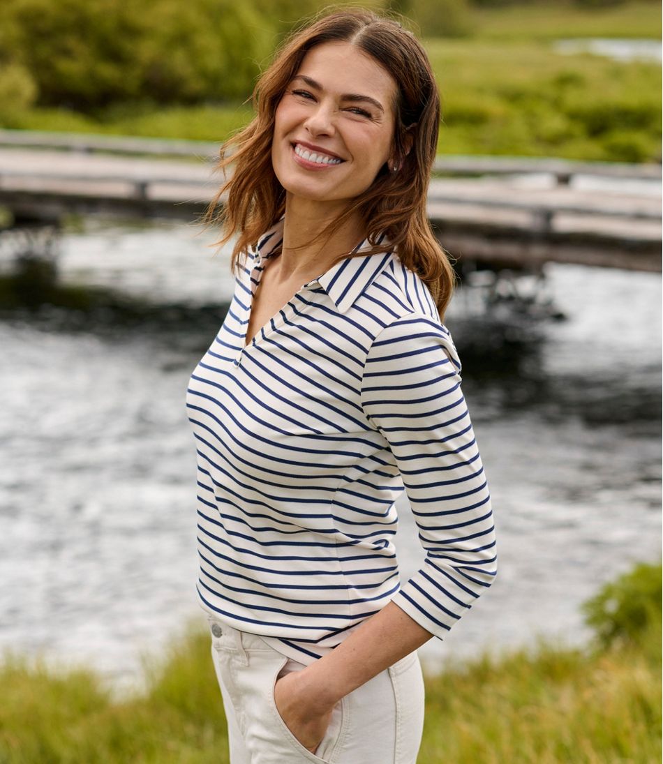 L.L.BeanWomen's Pima Cotton Tee, Three-Quarter-Sleeve Polo Stripe