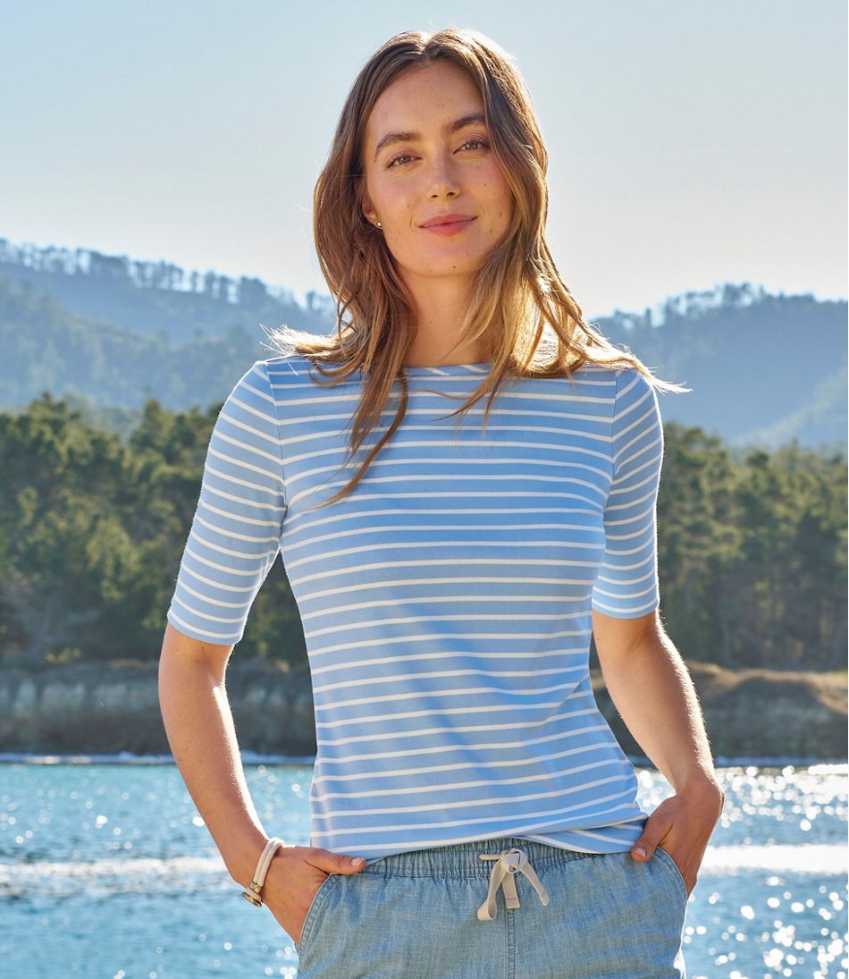 L.L.BeanWomen's Pima Cotton Tee, Elbow-Sleeve Boatneck Stripe