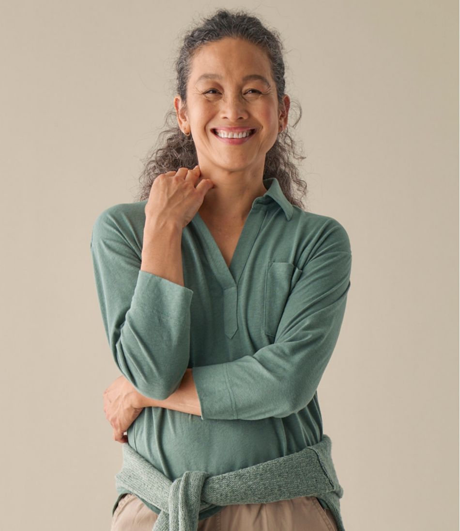 L.L.BeanWomen's Linen/Cotton Tee, Three-Quarter-Sleeve Splitneck Polo
