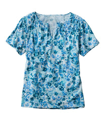 L.L.BeanWomen's Organic Cotton Tee, Smocked Notch-Neck Short-Sleeve Print