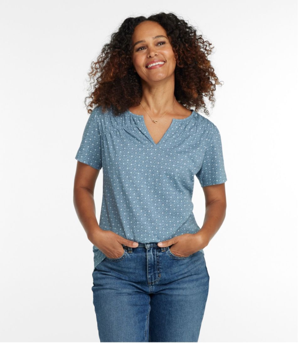 L.L.BeanWomen's Organic Cotton Tee, Smocked Notch-Neck Short-Sleeve Print