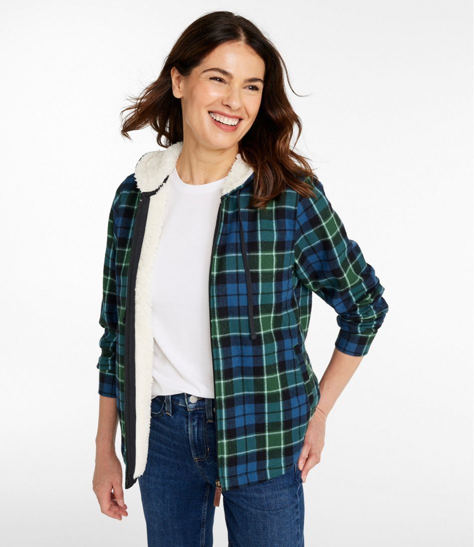 L.L.BeanWomen's Scotch Plaid Flannel Shirt, Sherpa-Lined Zip Hoodie