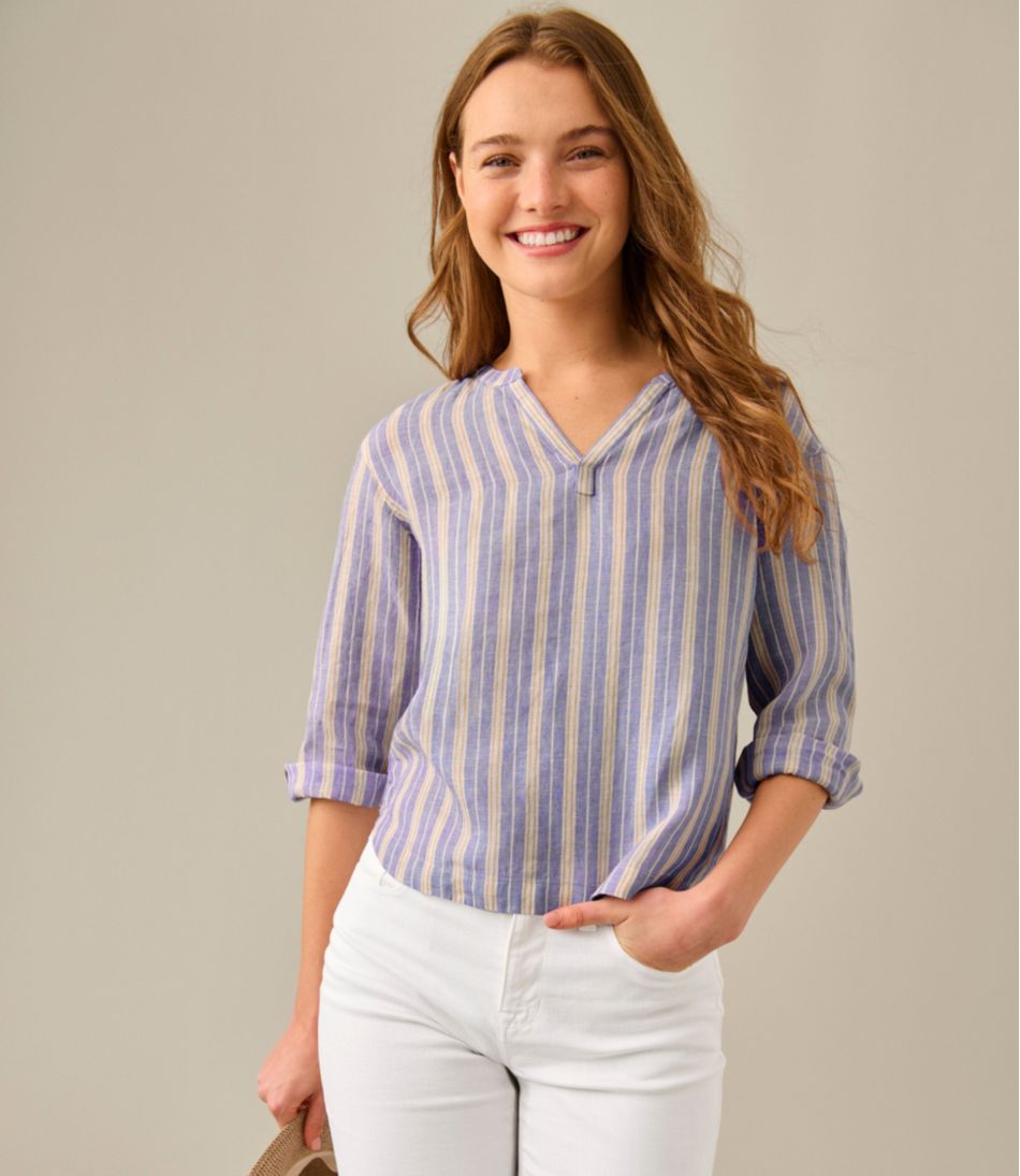 L.L.BeanWomen's Premium Washable Linen Shirt, Splitneck Stripe