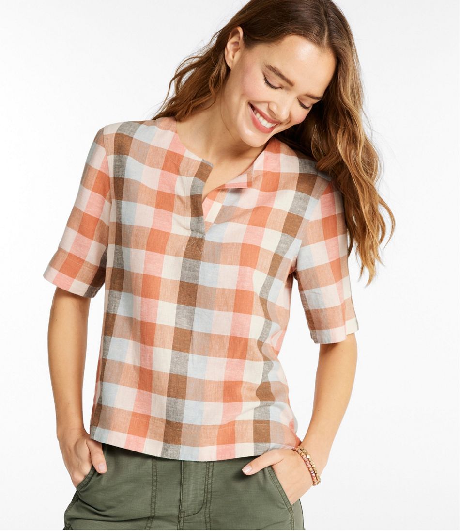 L.L.BeanWomen's Signature Linen-Blend Splitneck Shirt, Short-Sleeve