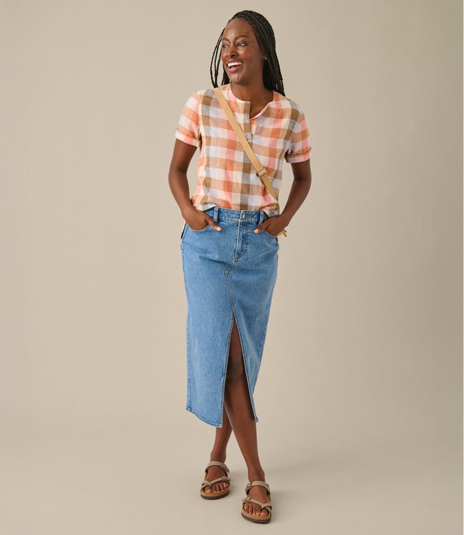 L.L.BeanWomen's Signature Linen-Blend Splitneck Shirt, Short-Sleeve