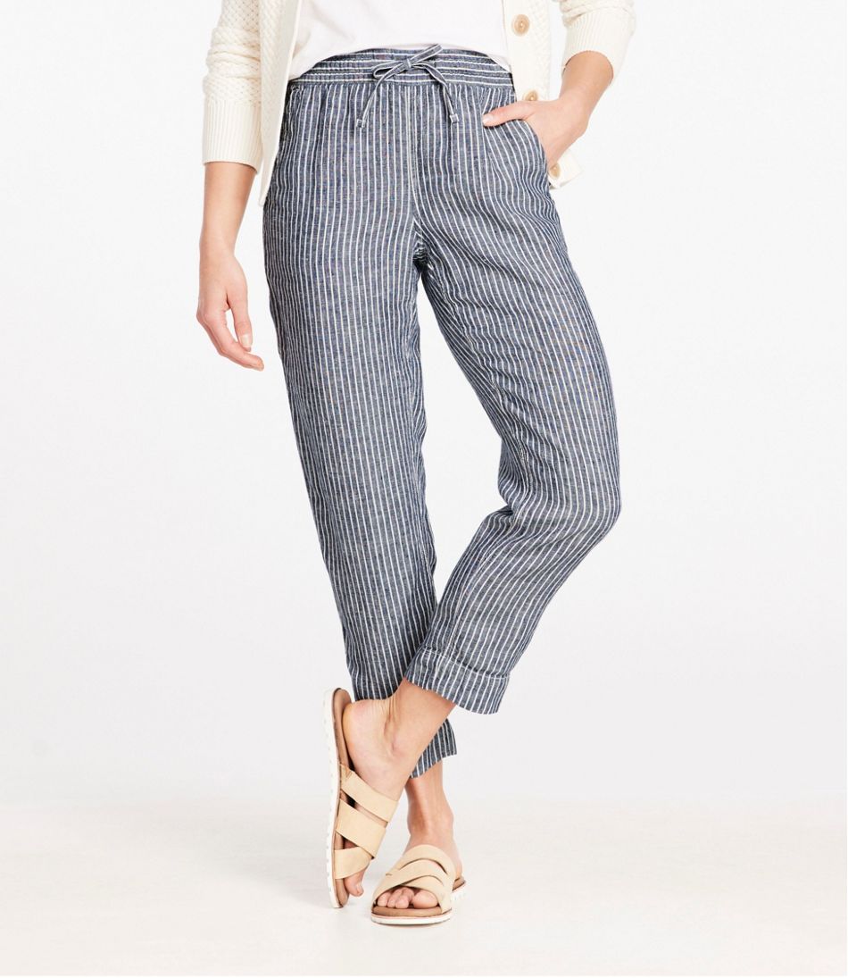 L.L.BeanWomen's Premium Linen Pull-On Ankle Pants, Mid-Rise Tapered-Leg Stripe