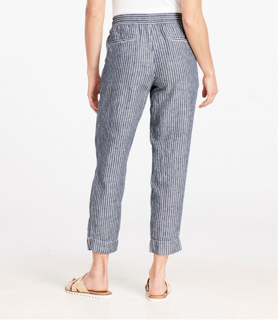 L.L.BeanWomen's Premium Linen Pull-On Ankle Pants, Mid-Rise Tapered-Leg Stripe