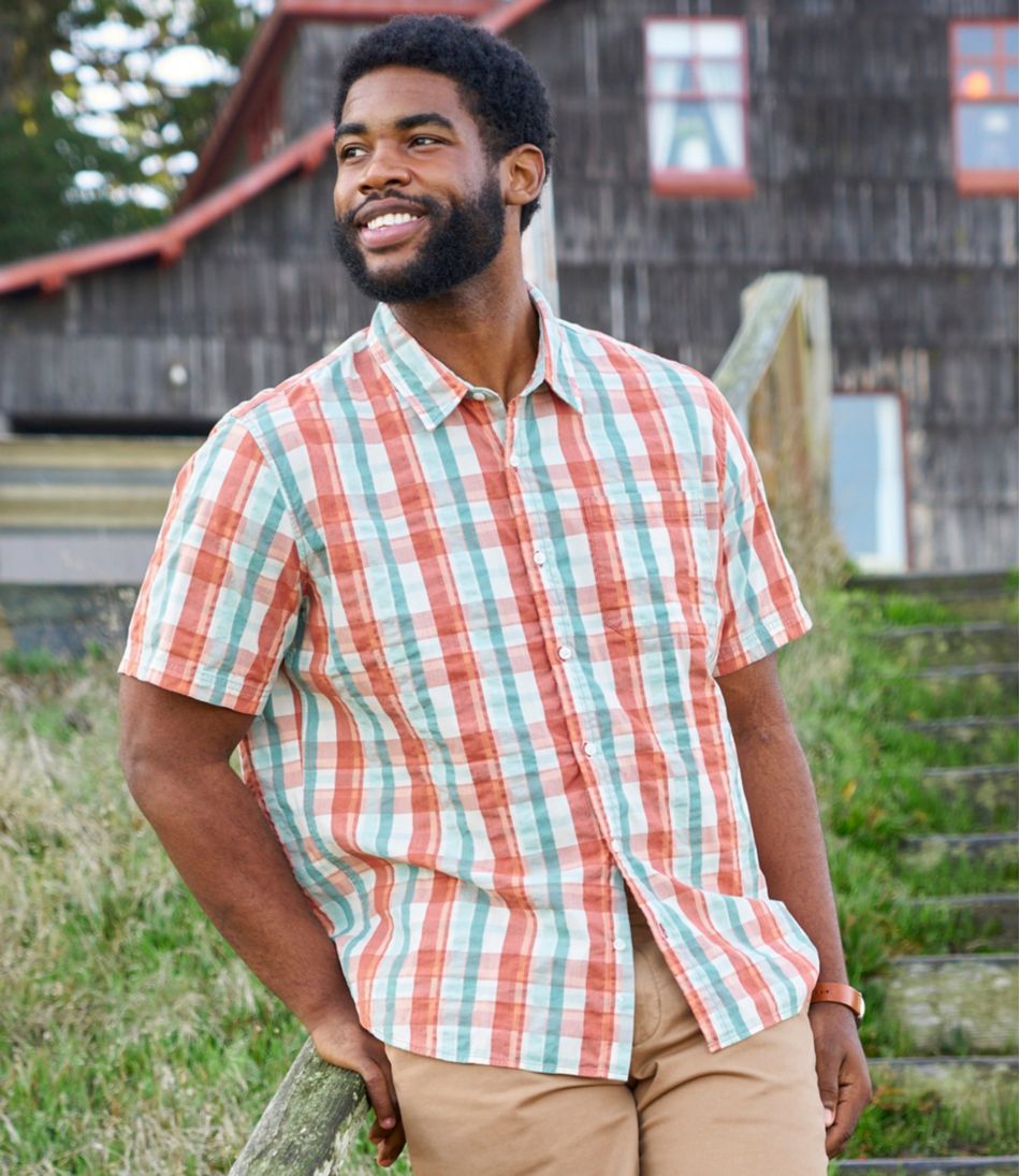 L.L.BeanMen's Organic Cotton Seersucker Shirt, Short-Sleeve, Slightly Fitted, Plaid