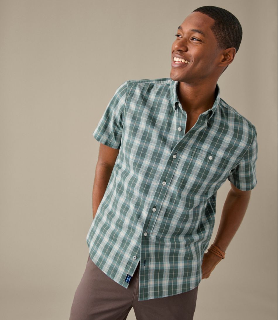 L.L.BeanMen's Comfort Stretch® Chambray Shirt, Slightly Fitted Untucked Fit, Short-Sleeve, Plaid