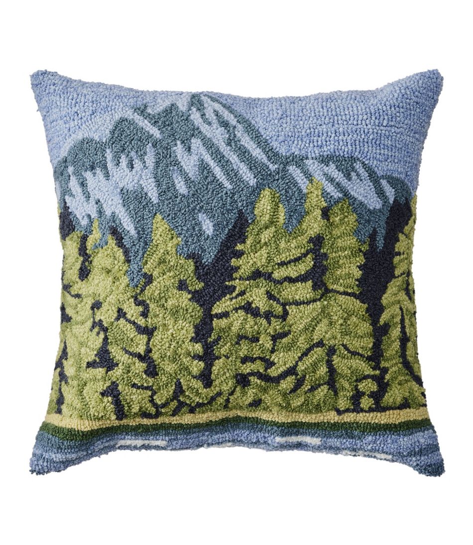 L.L.BeanIndoor/Outdoor Hooked Pillow, Lakeside Mountain Scene
