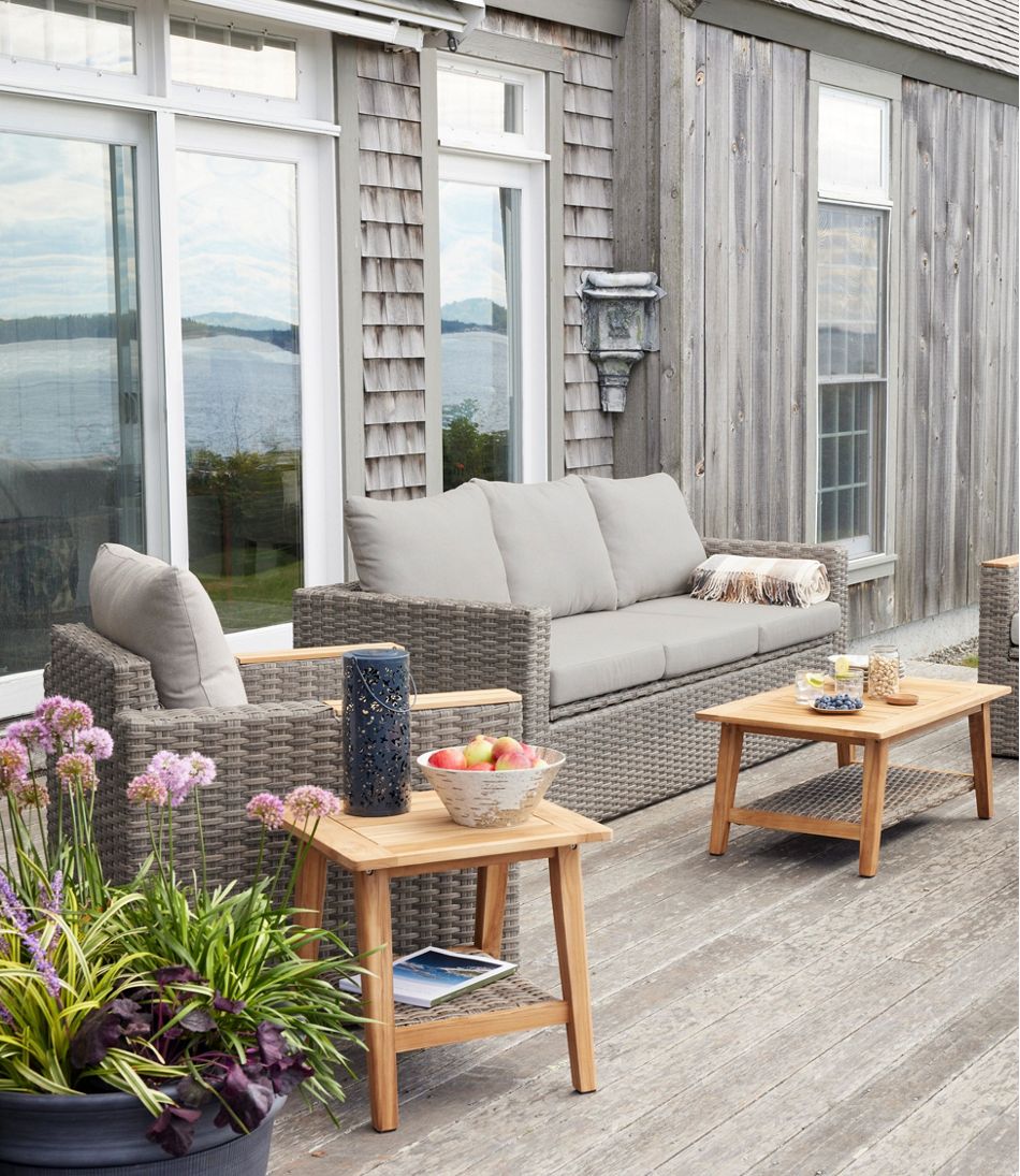 L.L.BeanWicker Storage Sofa and Teak Coffee Table Set