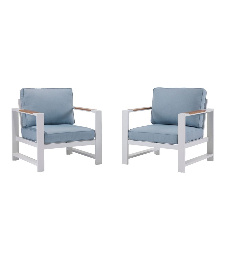 L.L.BeanWhite Aluminum Deep Seating Armchair with Blue Cushions, Set of Two