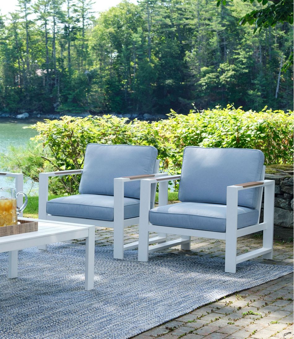 L.L.BeanWhite Aluminum Deep Seating Armchair with Blue Cushions, Set of Two