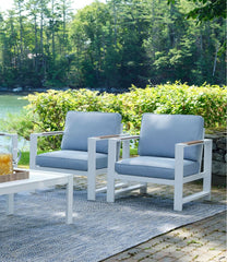 L.L.BeanWhite Aluminum Deep Seating Armchair with Blue Cushions, Set of Two