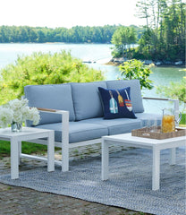 L.L.BeanWhite Aluminum Deep Seating Sofa with Blue Cushions