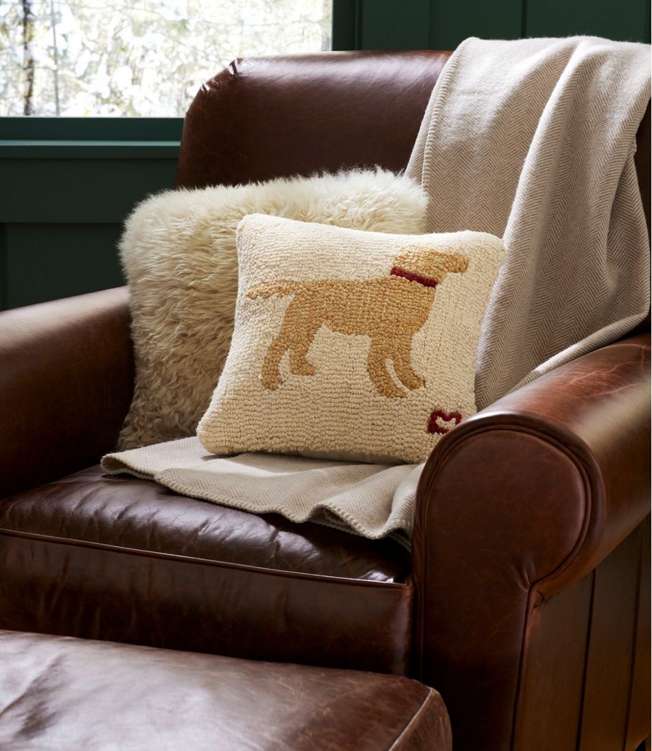 L.L.BeanWool Hooked Throw Pillow, Yellow Dog, 14" x 14"
